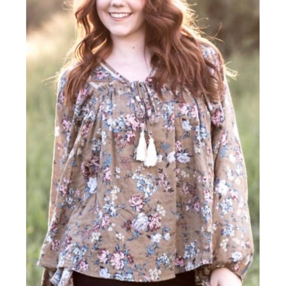 Easel Albany Oversize Peasant Top Brown Floral Cotton Prairie Blouse Medium